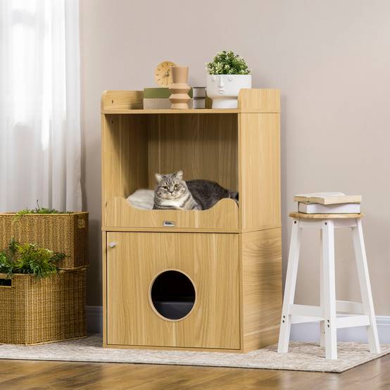 Maison de toilette pour chat meuble litière chat 3 niveaux compartiment fermé par une porte 1 coussin 60 x 45 x 103 cm - Image 3