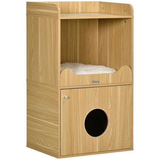 Maison de toilette pour chat meuble litière chat 3 niveaux compartiment fermé par une porte 1 coussin 60 x 45 x 103 cm - Image 1