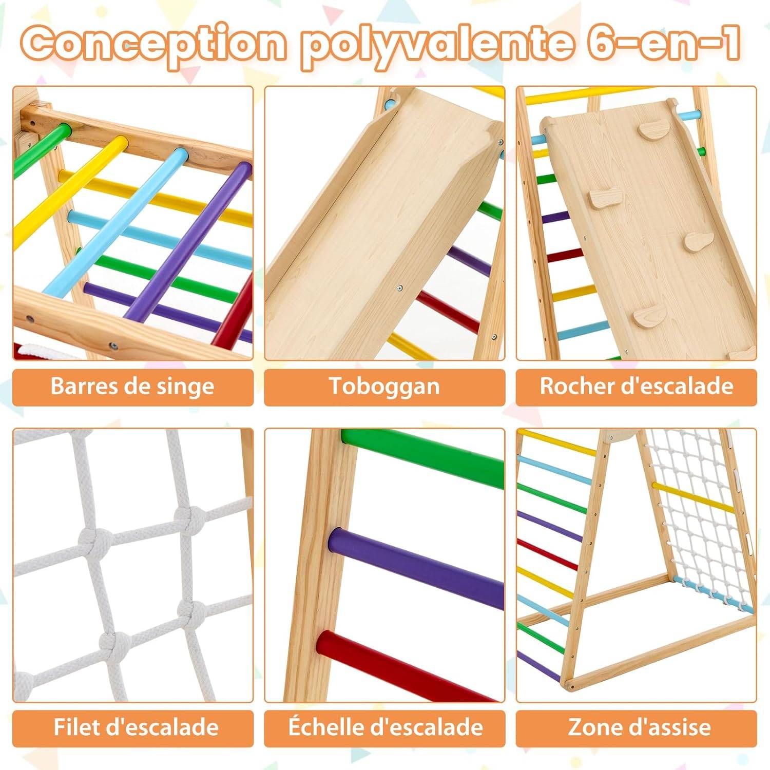 6 en 1 Triangle d'escalade en Bois Enfants avec Rampe Double Face, Aire de Jeu d’Escalade Intérieur - Image 1