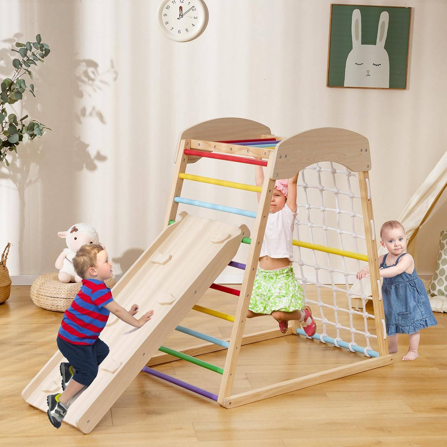 6 en 1 Triangle d'escalade en Bois Enfants avec Rampe Double Face, Aire de Jeu d’Escalade Intérieur - Image 4