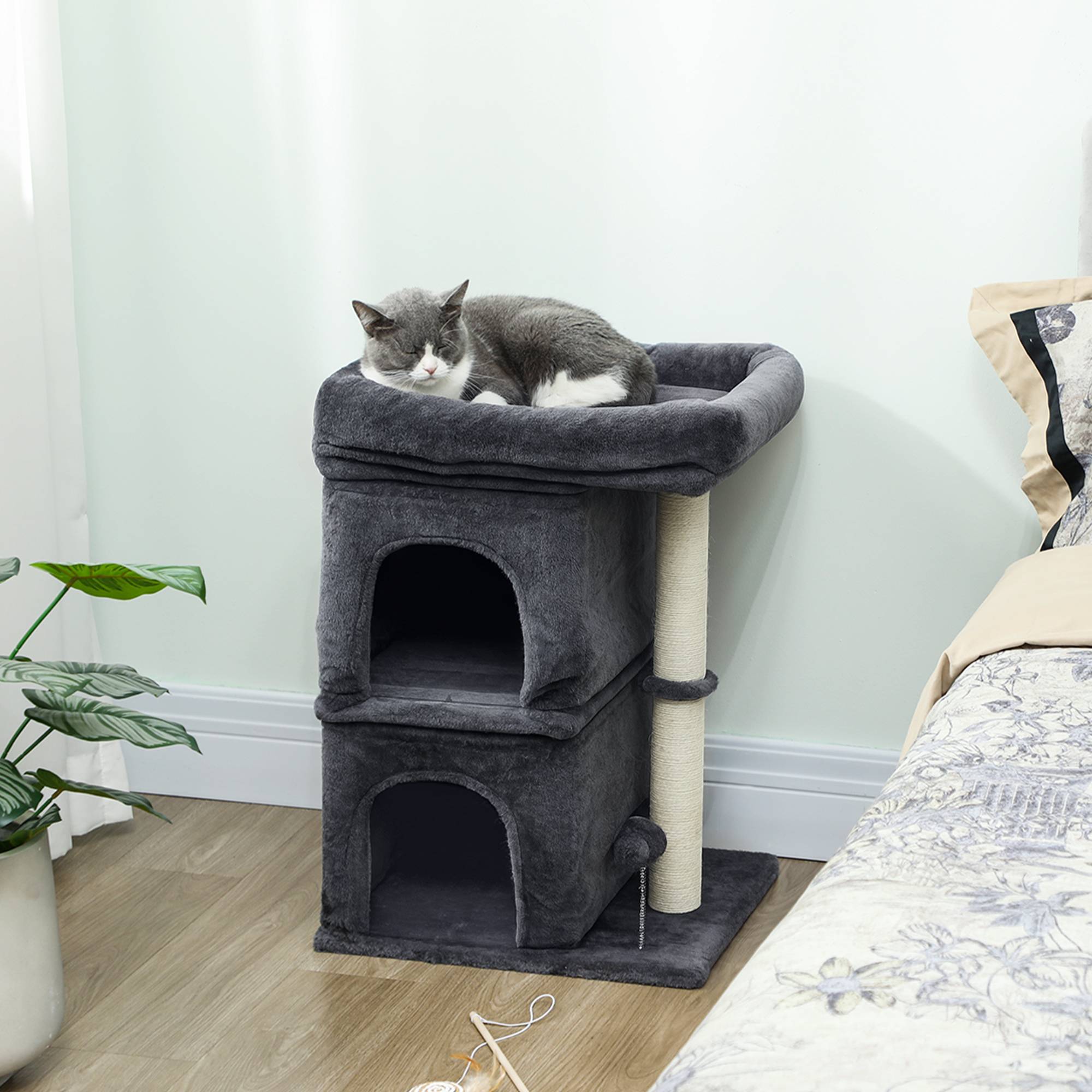 Arbre à chat tour, 2 niches, plateforme, griffoirs sisal, compact, gris foncé - Image 3