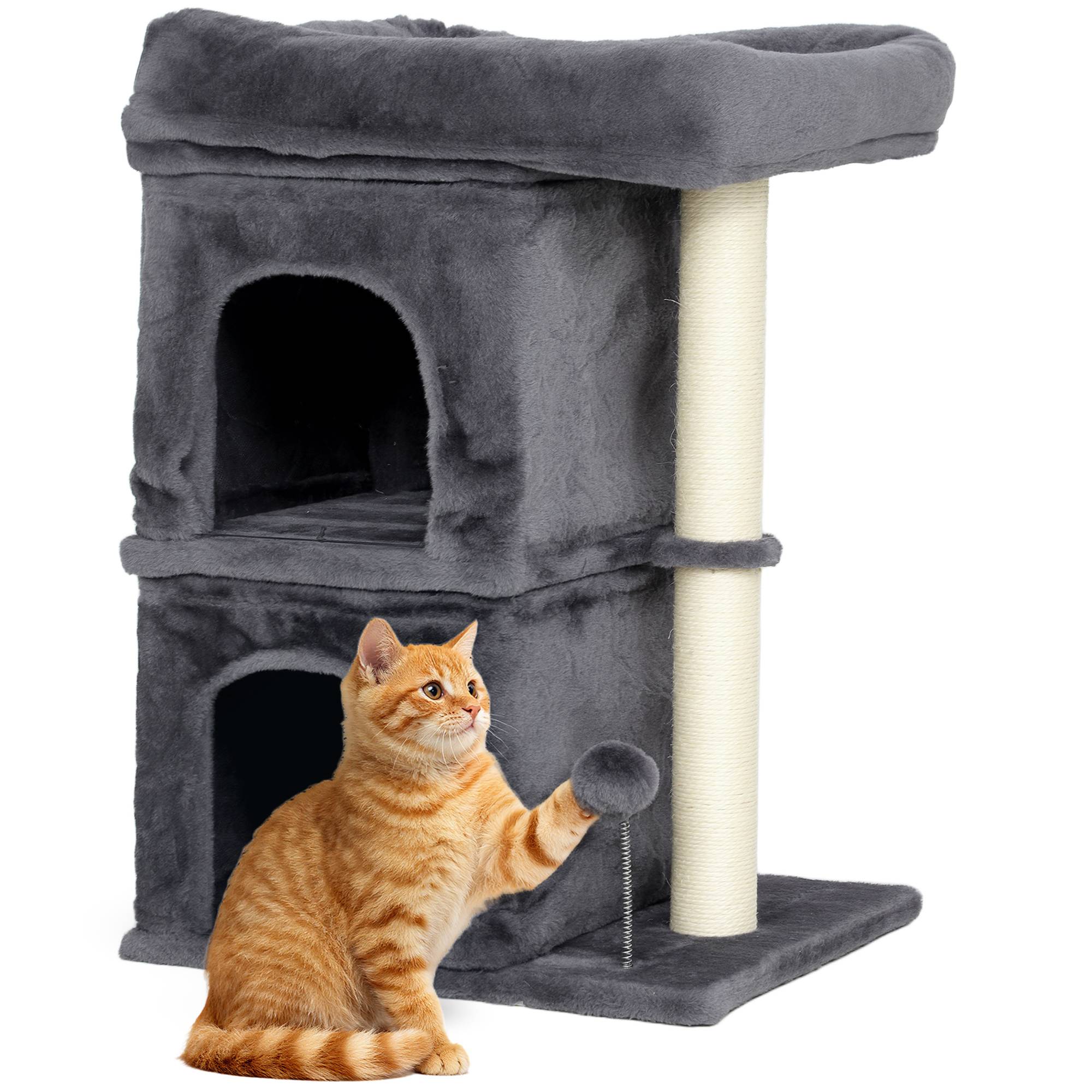 Arbre à chat tour, 2 niches, plateforme, griffoirs sisal, compact, gris foncé - Image 1