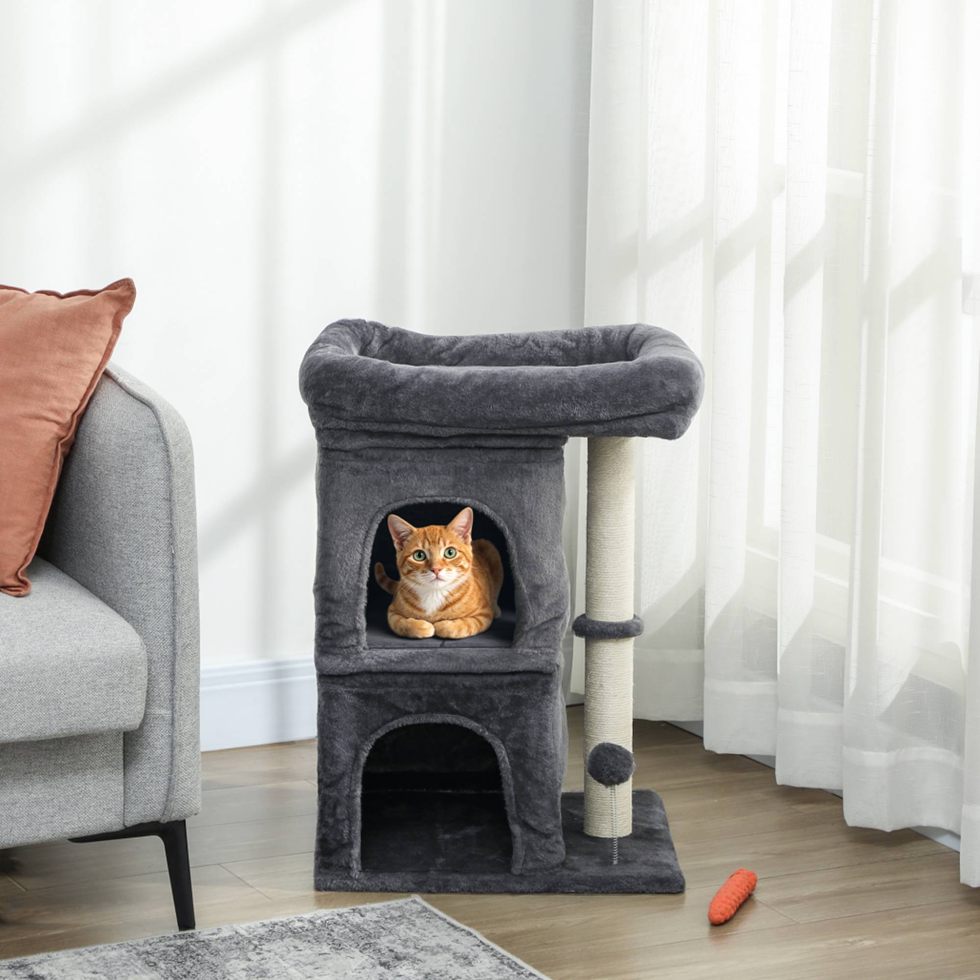 Arbre à chat tour, 2 niches, plateforme, griffoirs sisal, compact, gris foncé - Image 4