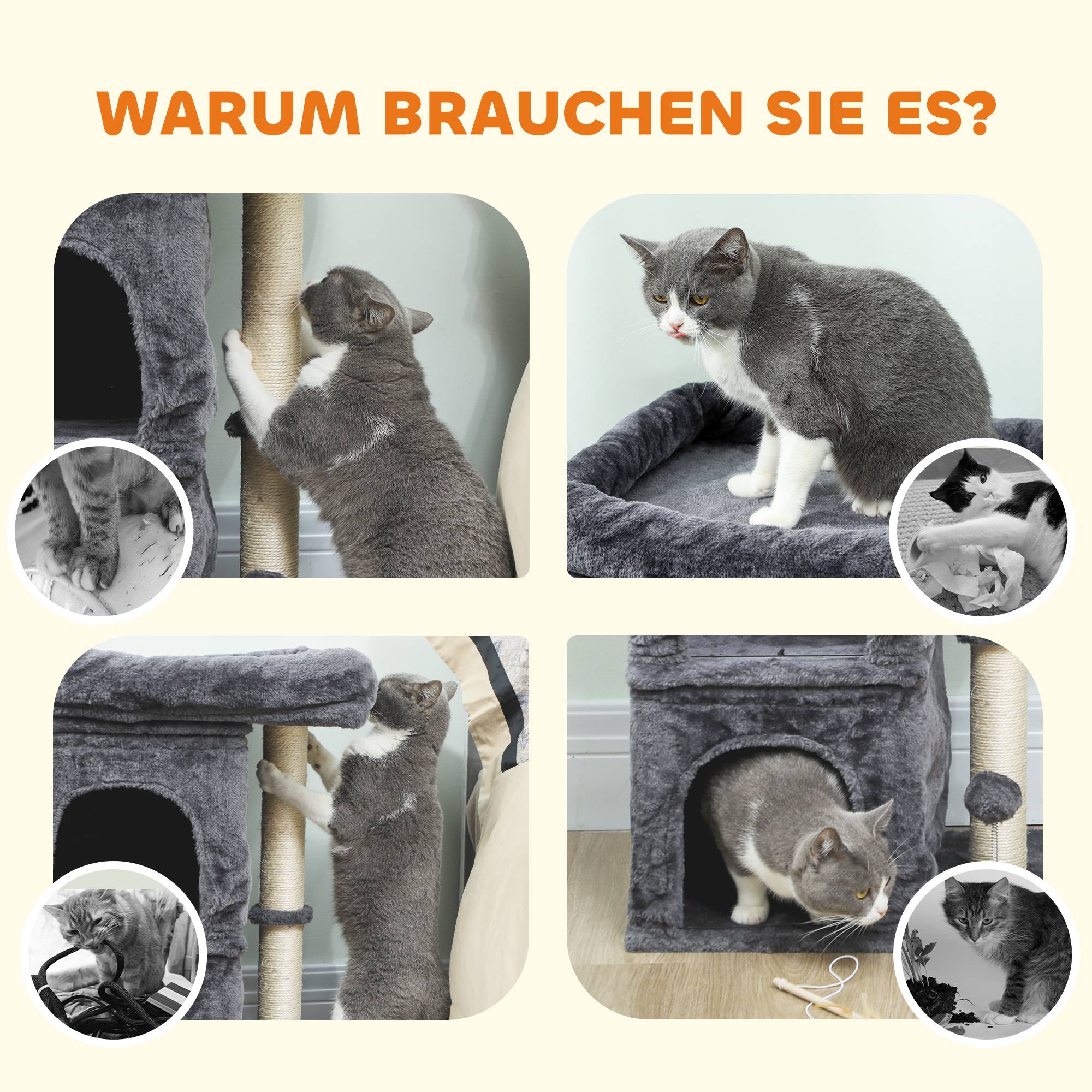 Arbre à chat tour, 2 niches, plateforme, griffoirs sisal, compact, gris foncé - Image 9