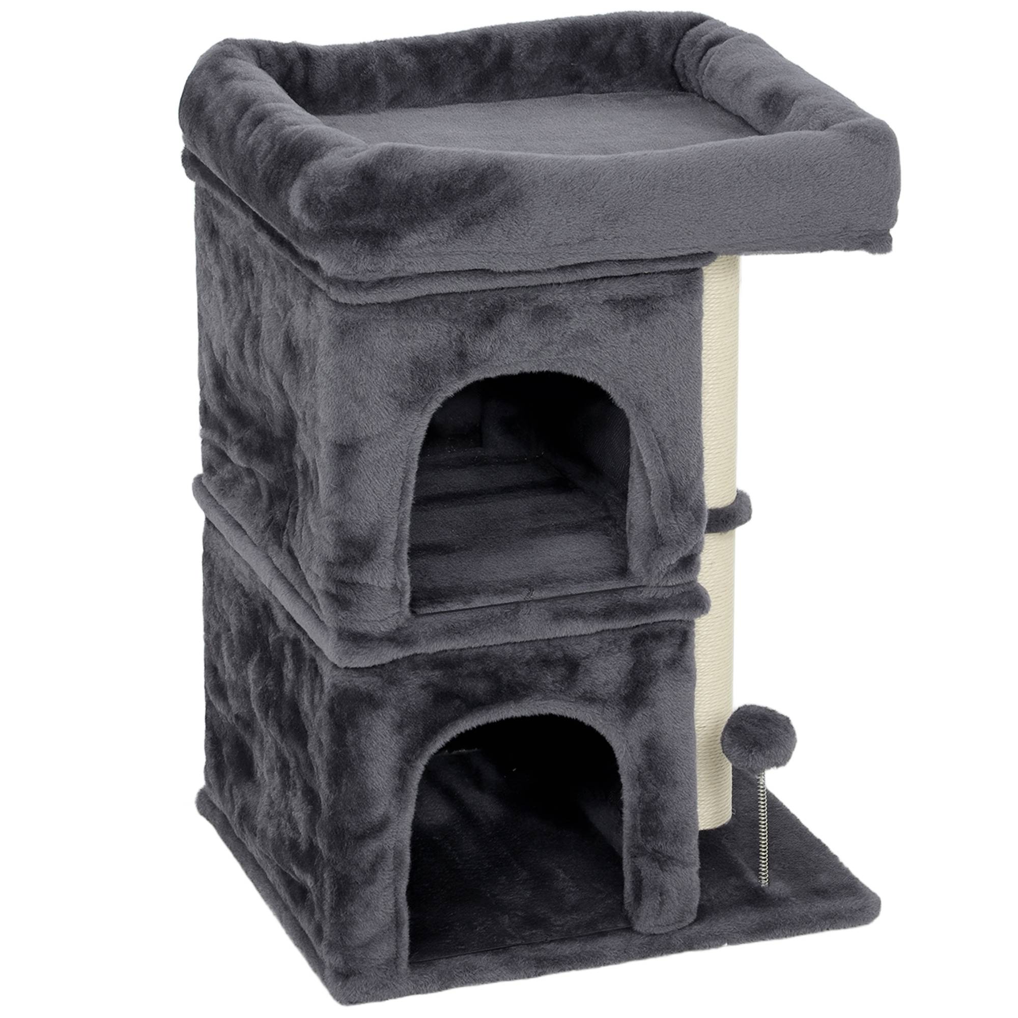 Arbre à chat tour, 2 niches, plateforme, griffoirs sisal, compact, gris foncé - Image 2
