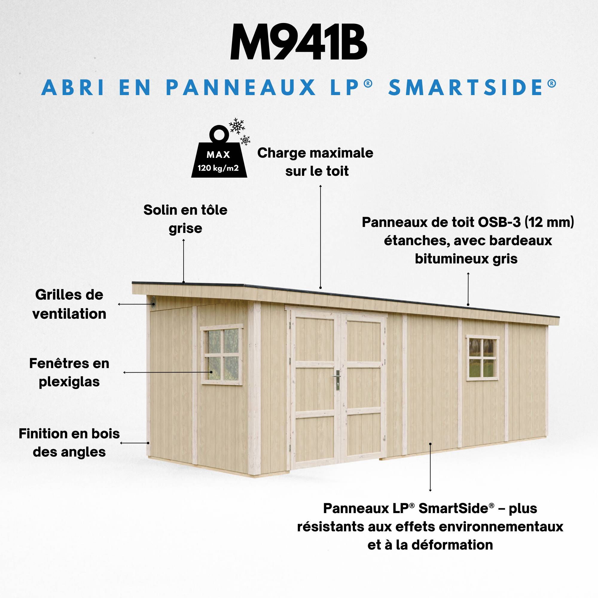 Timbela - Abri de Jardin Qualité Premium 14,3 m² - H231x248x648 cm sans plancher e paroi latérale - Construction de Panneaux LP Smartside - Timbela M941B - Image 9