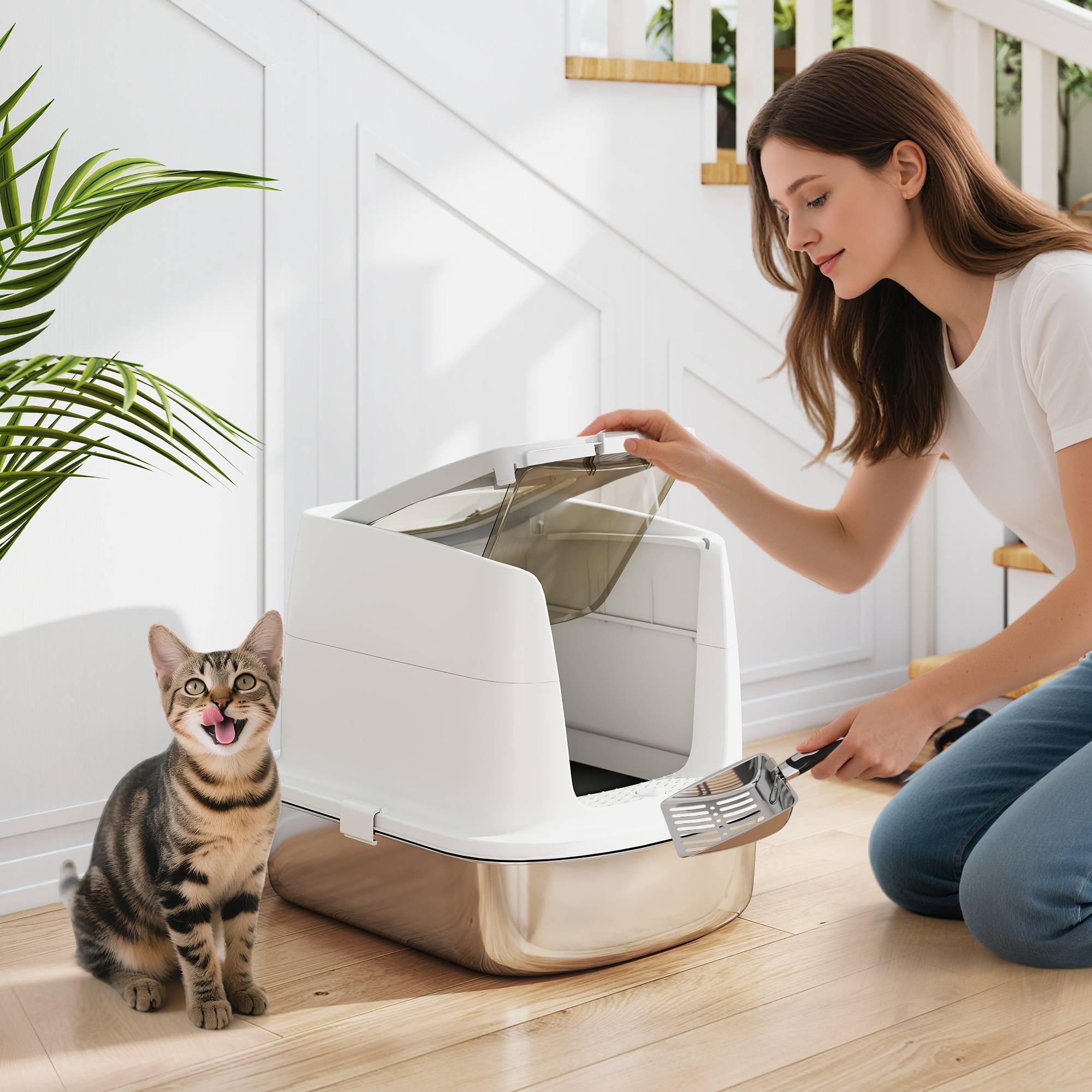 Sans Marque - Grand bac à litière pour chat en acier inoxydable avec couvercle à charnière, pelle en métal, sac désodorisant, facile à nettoyer, blanc - Image 2