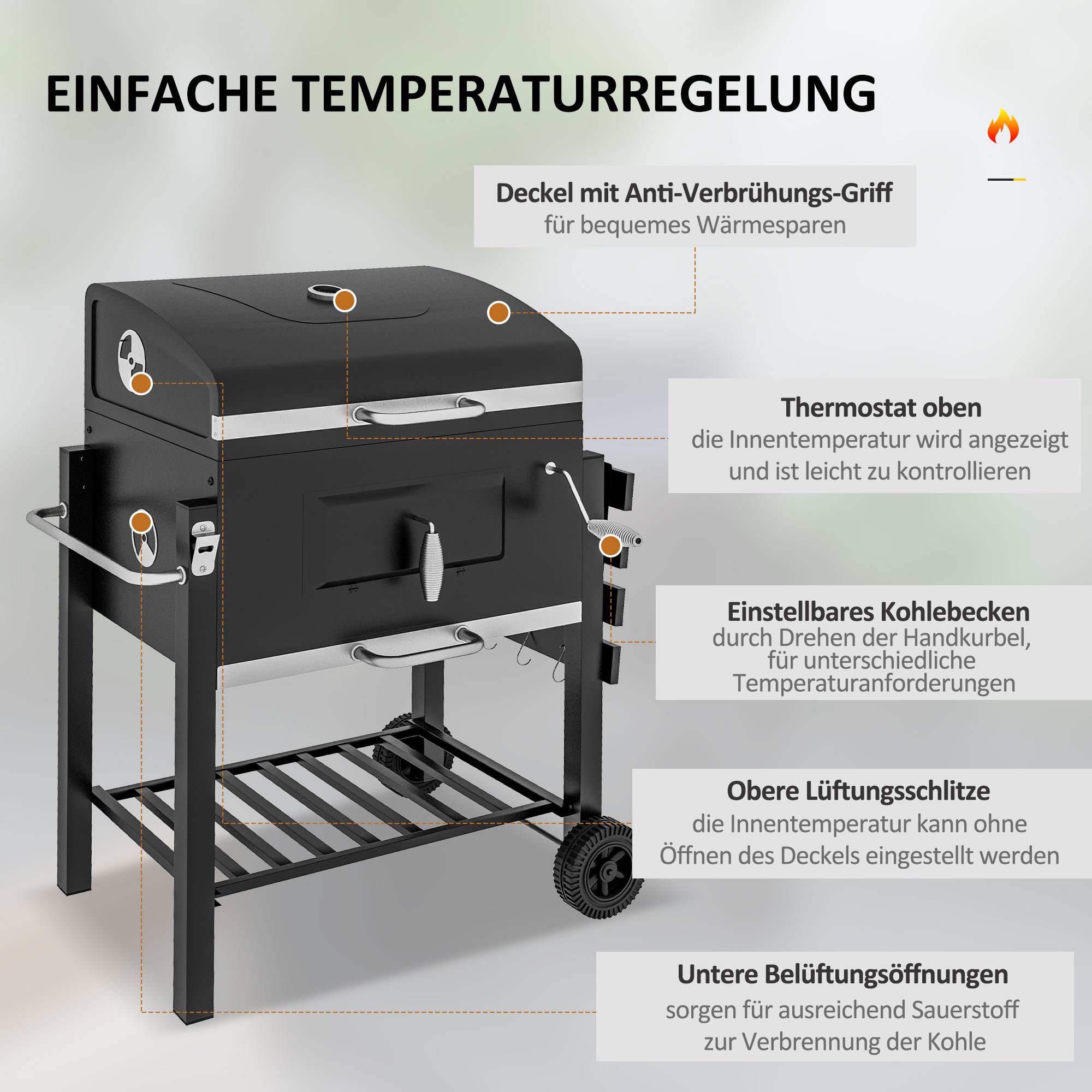 Fumoir BBQ charbon, étagère, porte-serviette, 2 grilles, 113x65x108cm noir - Image 7
