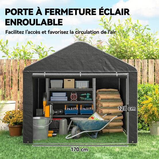 Abri stockage étanche pour moto, porte enroulable zip, 200x238x183cm, gris foncé - Image 7