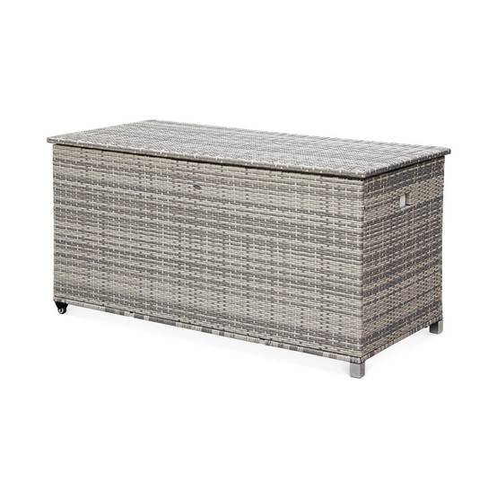 sweeek - Coffre de jardin en résine tressée - Cassapanca Nuances de Gris - 790L. vérins. roulettes. poignée et housse intérieure écrue. rangement | sweeek - Image 2