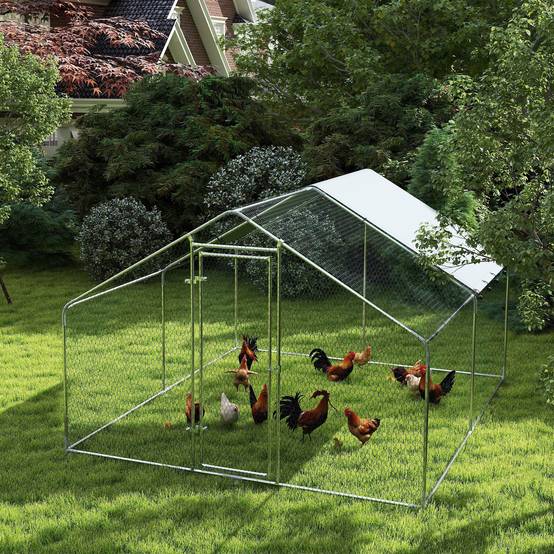 Grand poulailler en métal (3 x 3,4 x 1,9 m) avec housse imperméable et résistante aux UV, couleur argent. - Image 4