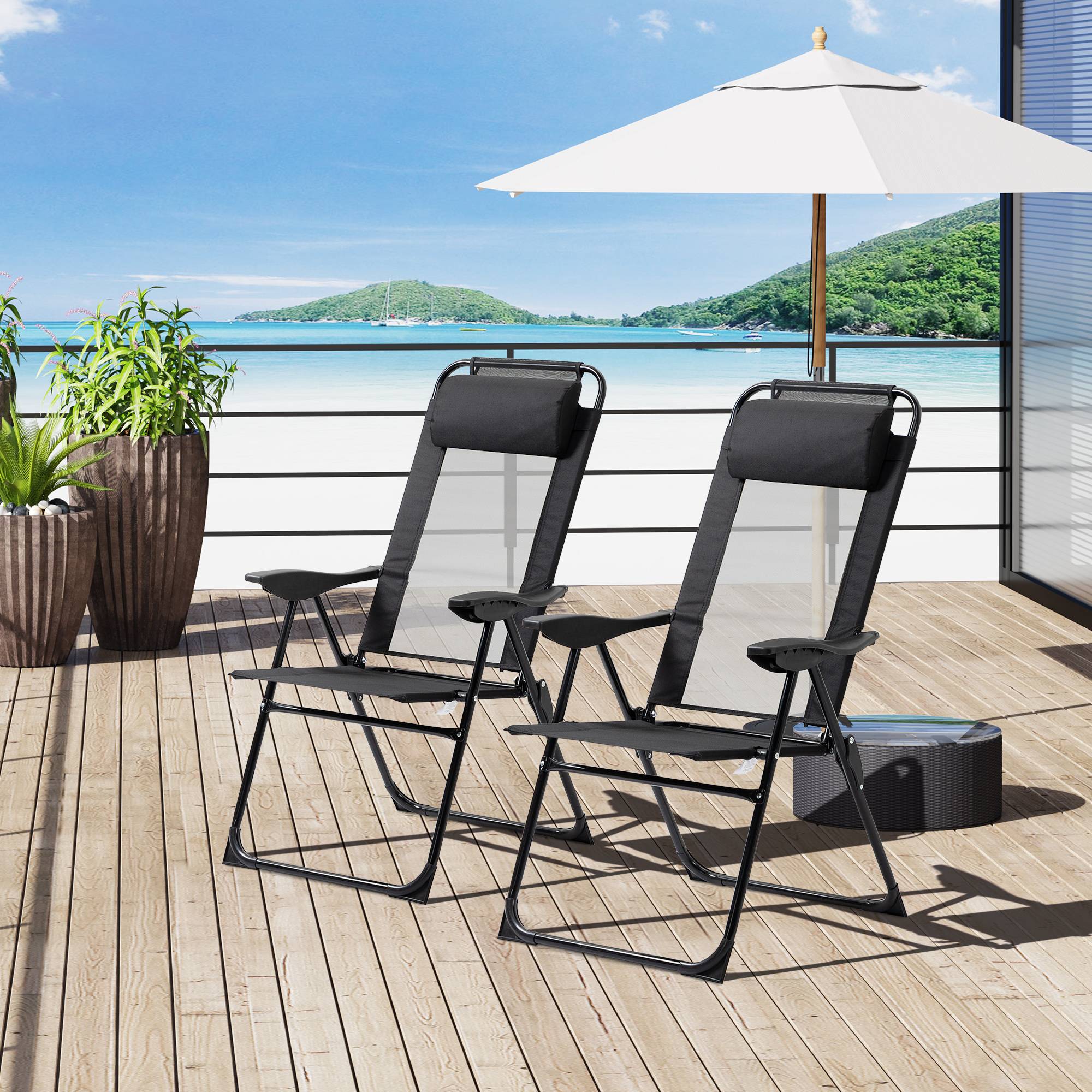 Ensemble de 2 chaises pliables avec dossier et accoudoir réglables charge 120kg parfait pour jardin balcon et camping - Image 2