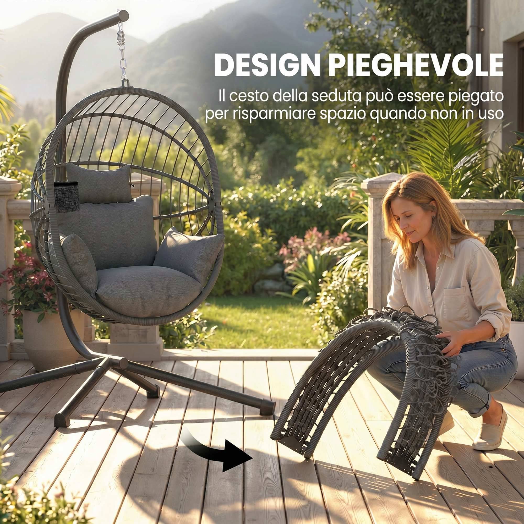 Fauteuil œuf suspendu acier jardin extérieur panier pliable 115x106x188cm gris - ComfortXL Outdoor Living - Image 7