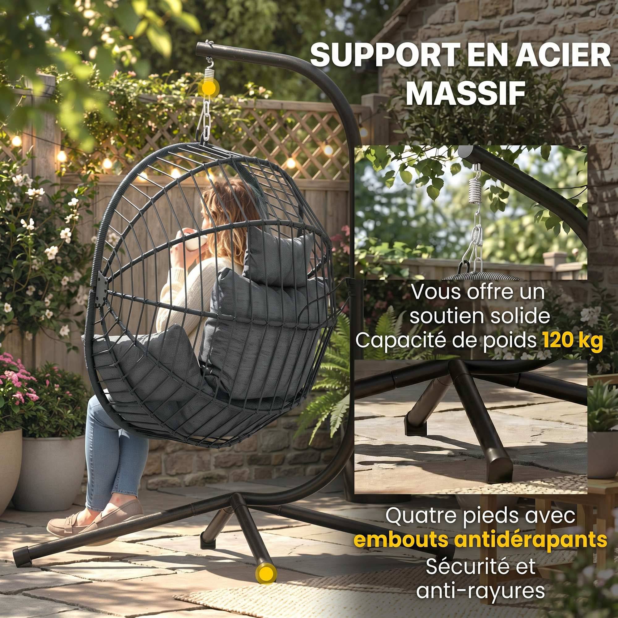 Fauteuil œuf suspendu acier jardin extérieur panier pliable 115x106x188cm gris - ComfortXL Outdoor Living - Image 6