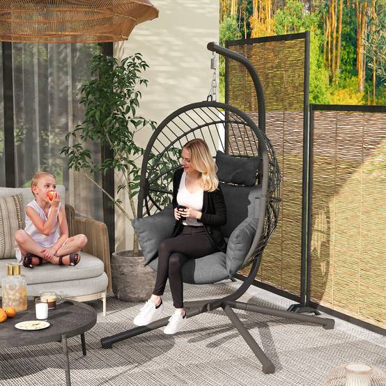 Fauteuil œuf suspendu acier jardin extérieur panier pliable 115x106x188cm gris - ComfortXL Outdoor Living - Image 3