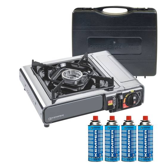 Réchaud à gaz portable 2200W INOX + 4 cartouches de gaz + Malette de transport Cuisson Extérieure Camping Van Trek KEMPER - Image 1