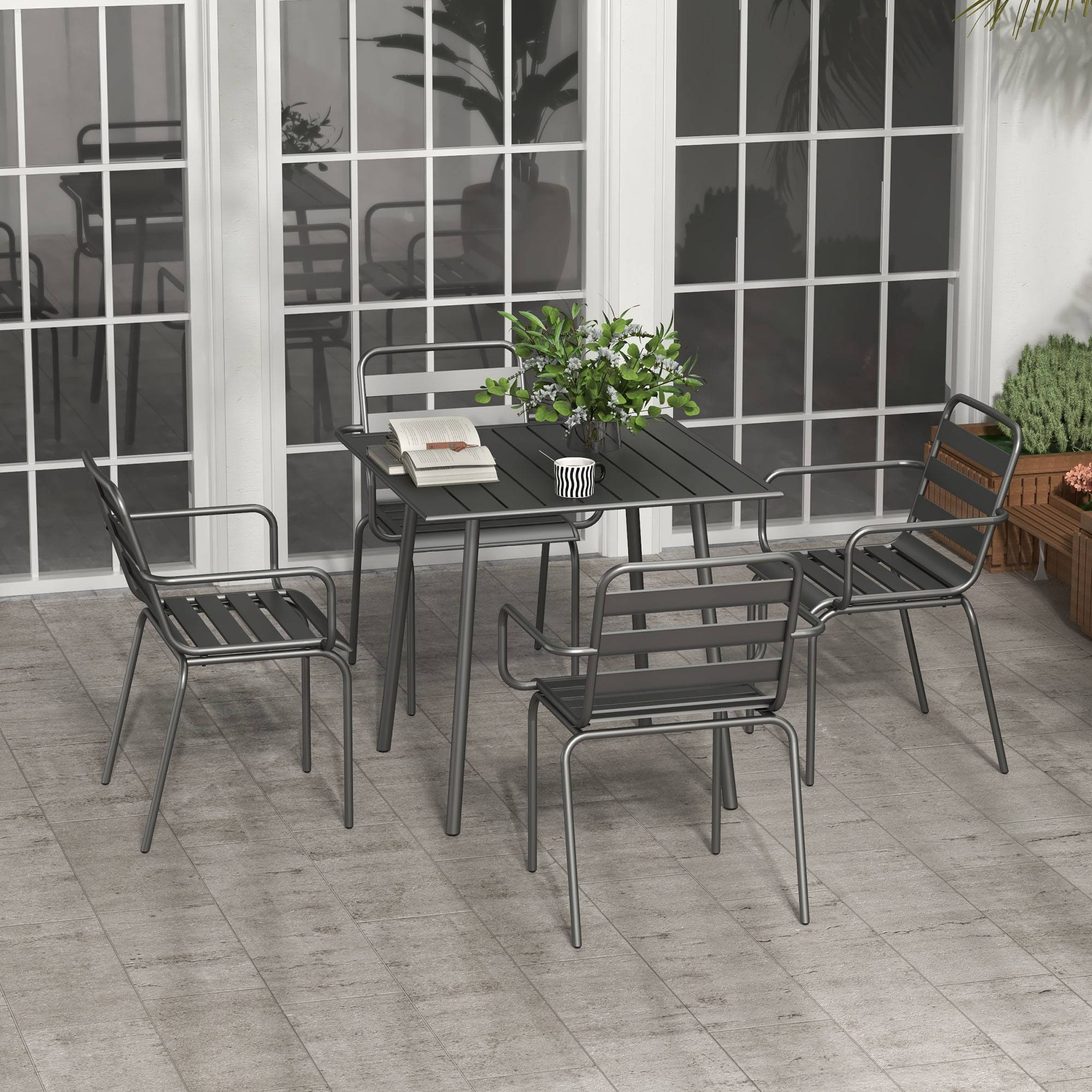 Outsunny - Salon de jardin 4 places 5 pièces - table à manger 4 chaises empilables - acier thermolaqué gris - Outsunny - Image 2