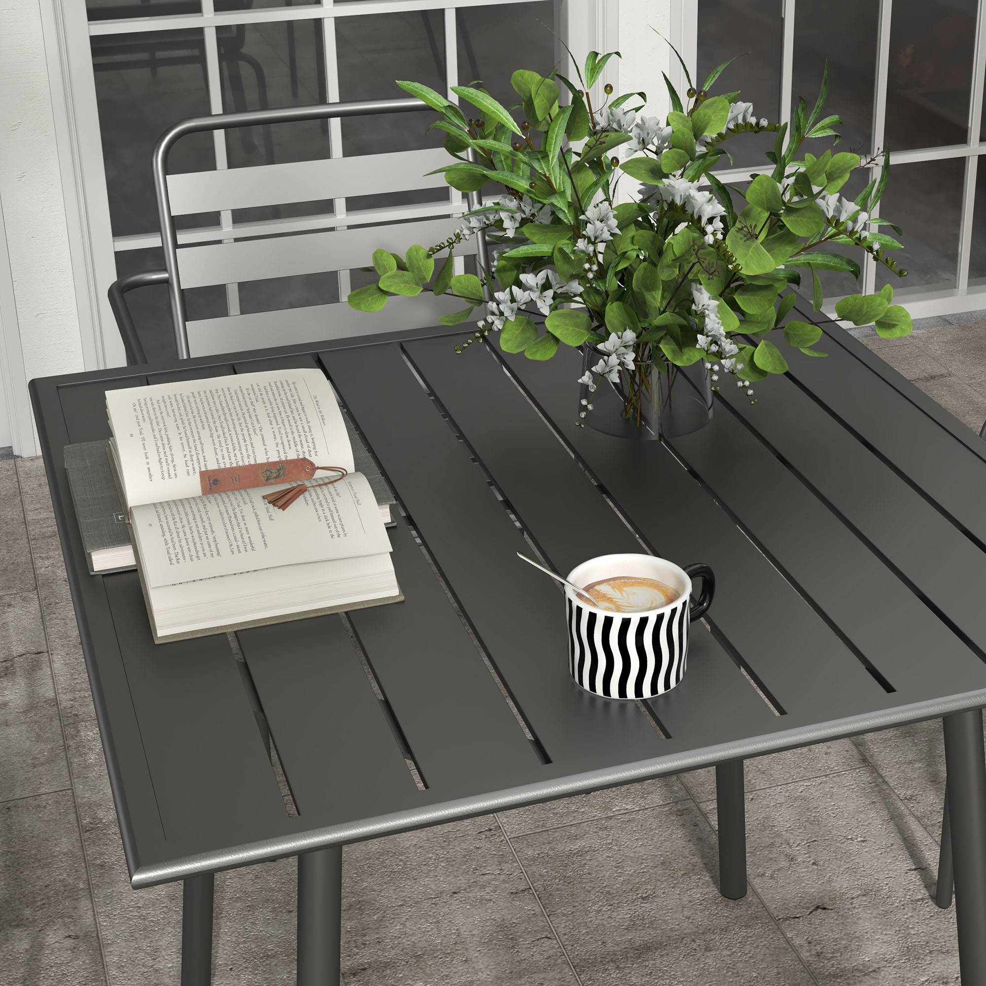 Outsunny - Salon de jardin 4 places 5 pièces - table à manger 4 chaises empilables - acier thermolaqué gris - Outsunny - Image 5