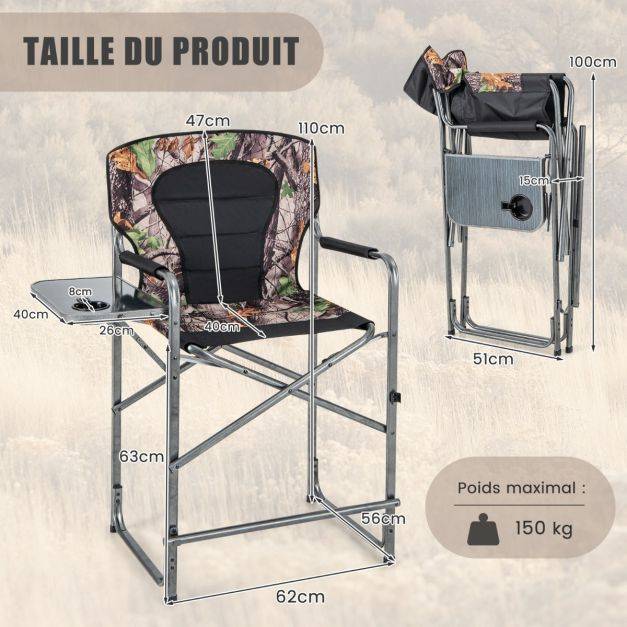 Helloshop26 - Chaise de camping pliante avec table latérale amovible charge 150 kg chaise de pêche avec porte-gobelet pour chasse randonnée - Image 4