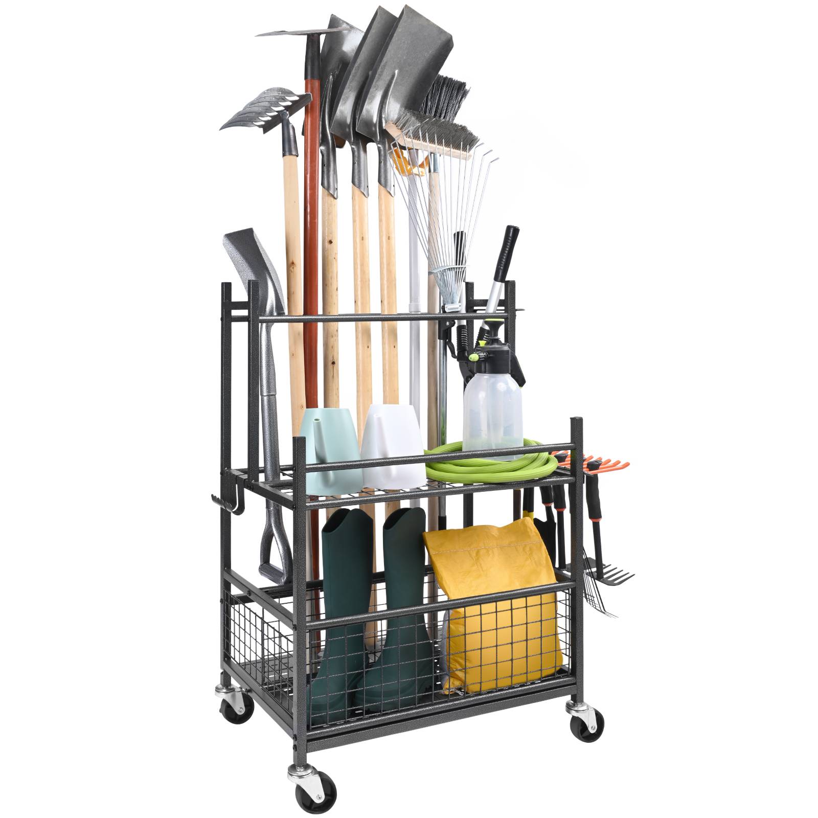 VEVOR Support rangement outils jardin 16 emplacements avec crochets, métal sur roulettes, abri extérieur. - Image 1