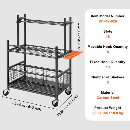 VEVOR Support rangement outils jardin 16 emplacements avec crochets, métal sur roulettes, abri extérieur. - Image 7