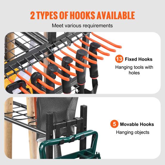 VEVOR Support rangement outils jardin 16 emplacements avec crochets, métal sur roulettes, abri extérieur. - Image 3