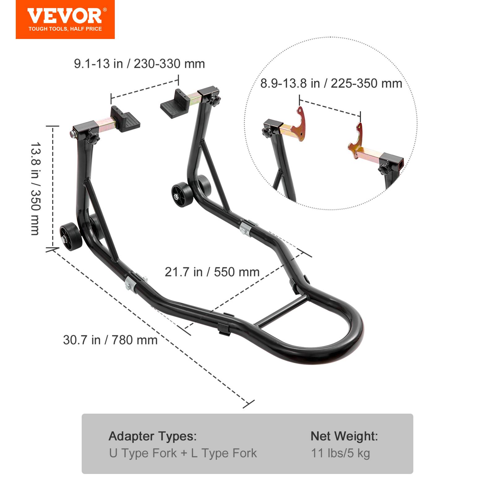 VEVOR Béquille Moto Roue Arrière Charge 0,39 T, Bras Réglable, Compatible Roue Ø350 mm. - Image 7