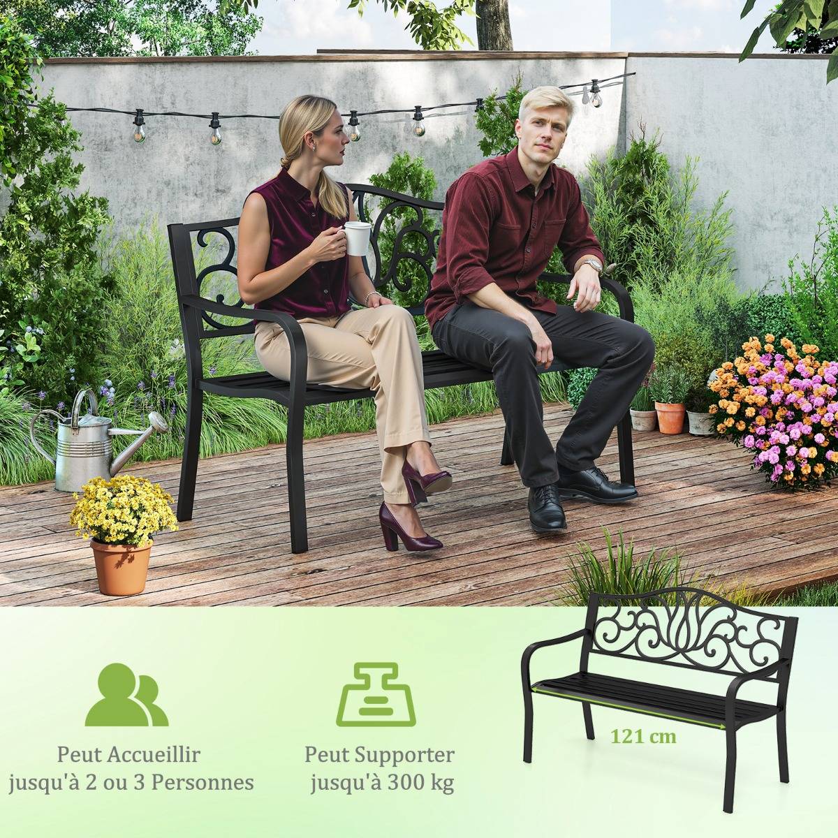Maison Chic - Banc de Jardin Extérieur Meubles de Porche en Fonte avec Dossier à Motif Floral et Siège à Lattes - Image 7