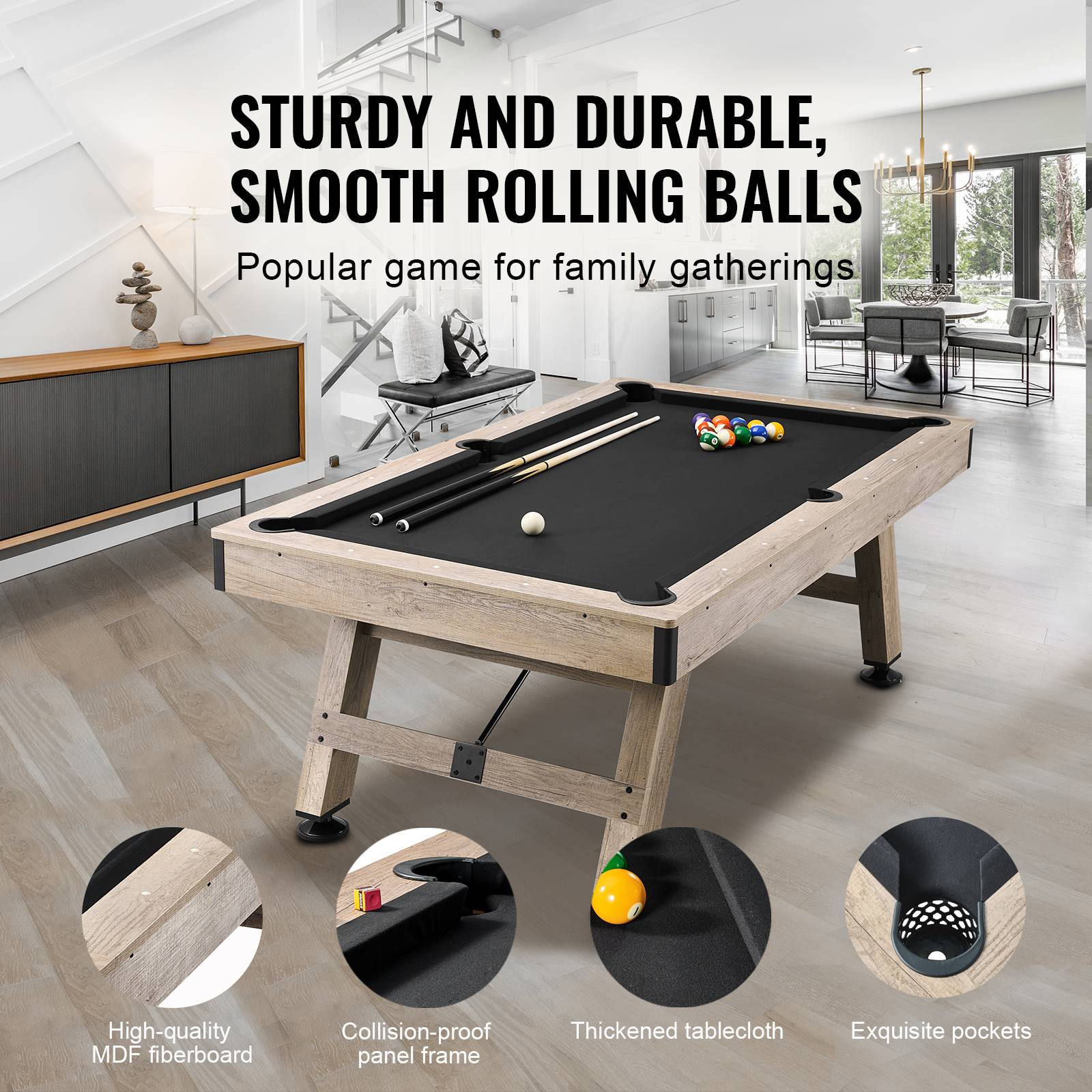 Vevor - VEVOR Table billard 213.4cm pieds réglables, kit complet accessoires, couleur bois/tissu noir, pour maison/club. - Image 3