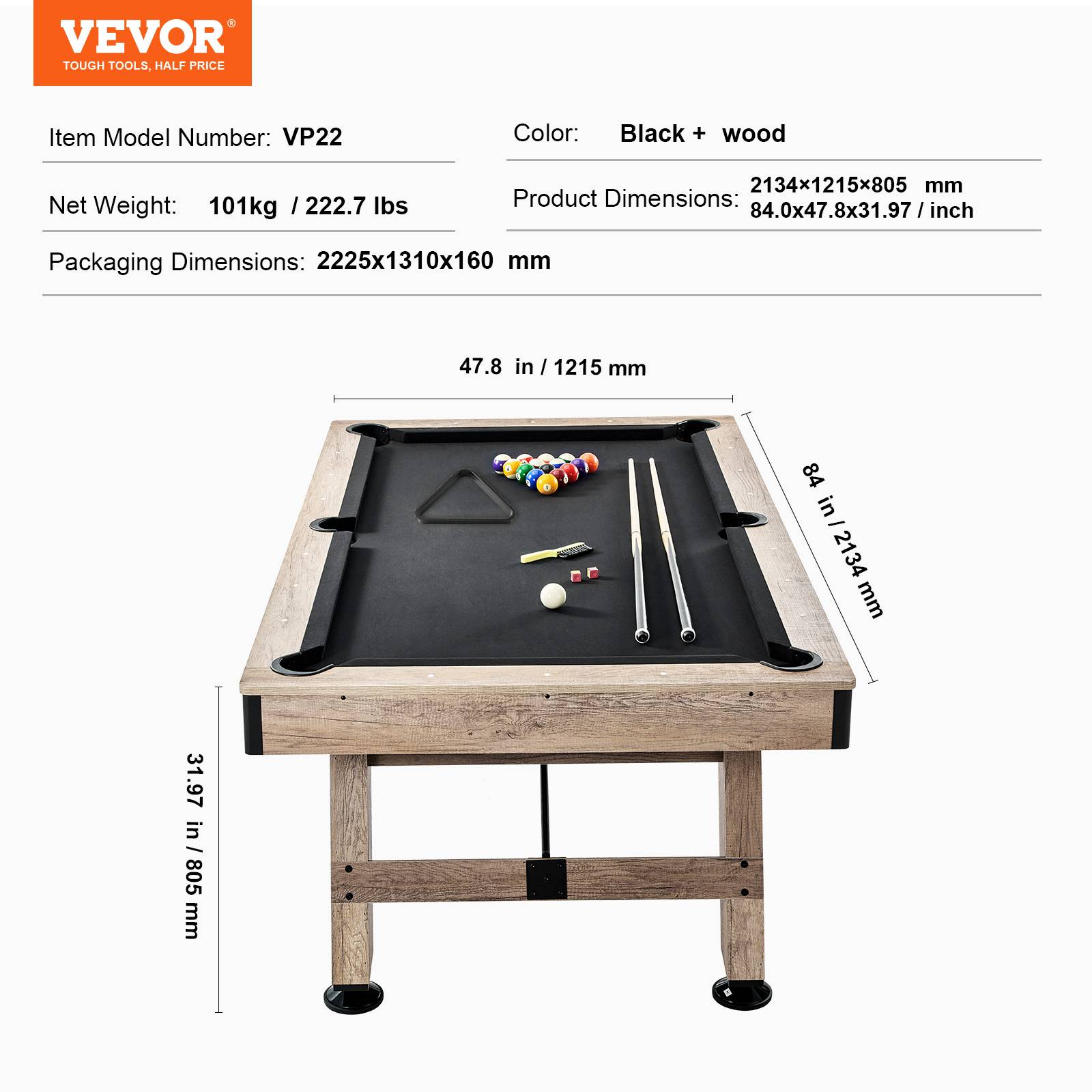 Vevor - VEVOR Table billard 213.4cm pieds réglables, kit complet accessoires, couleur bois/tissu noir, pour maison/club. - Image 7