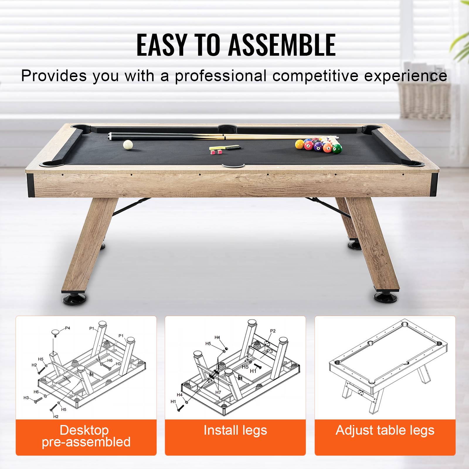 Vevor - VEVOR Table billard 213.4cm pieds réglables, kit complet accessoires, couleur bois/tissu noir, pour maison/club. - Image 5