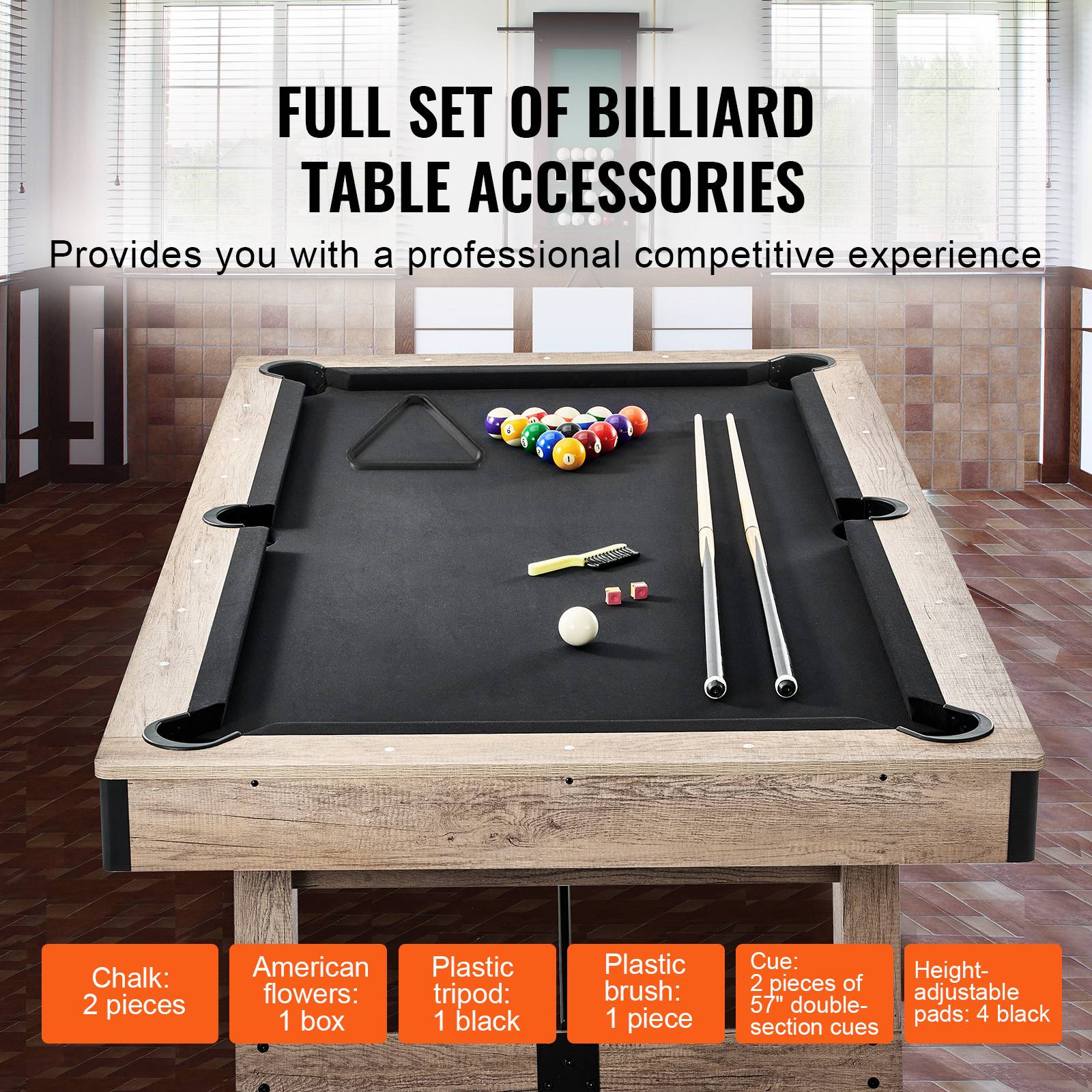 Vevor - VEVOR Table billard 213.4cm pieds réglables, kit complet accessoires, couleur bois/tissu noir, pour maison/club. - Image 4