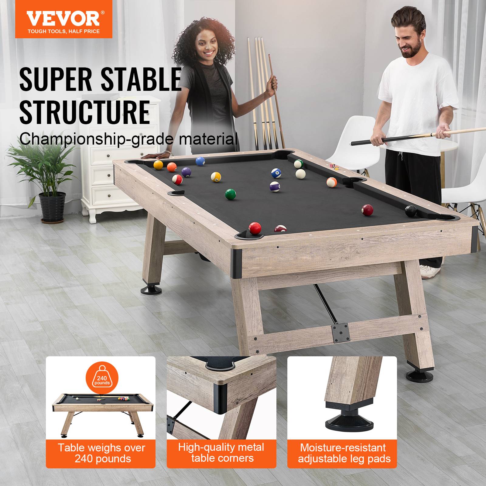 Vevor - VEVOR Table billard 213.4cm pieds réglables, kit complet accessoires, couleur bois/tissu noir, pour maison/club. - Image 2