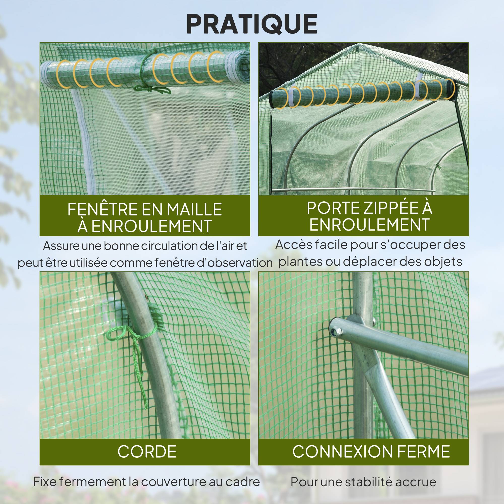 Serre de jardin tunnel serres tunnel 6 m² avec 6 fenêtres porte à fermeture éclair toile PE structure fer galvanisé vert - Image 8