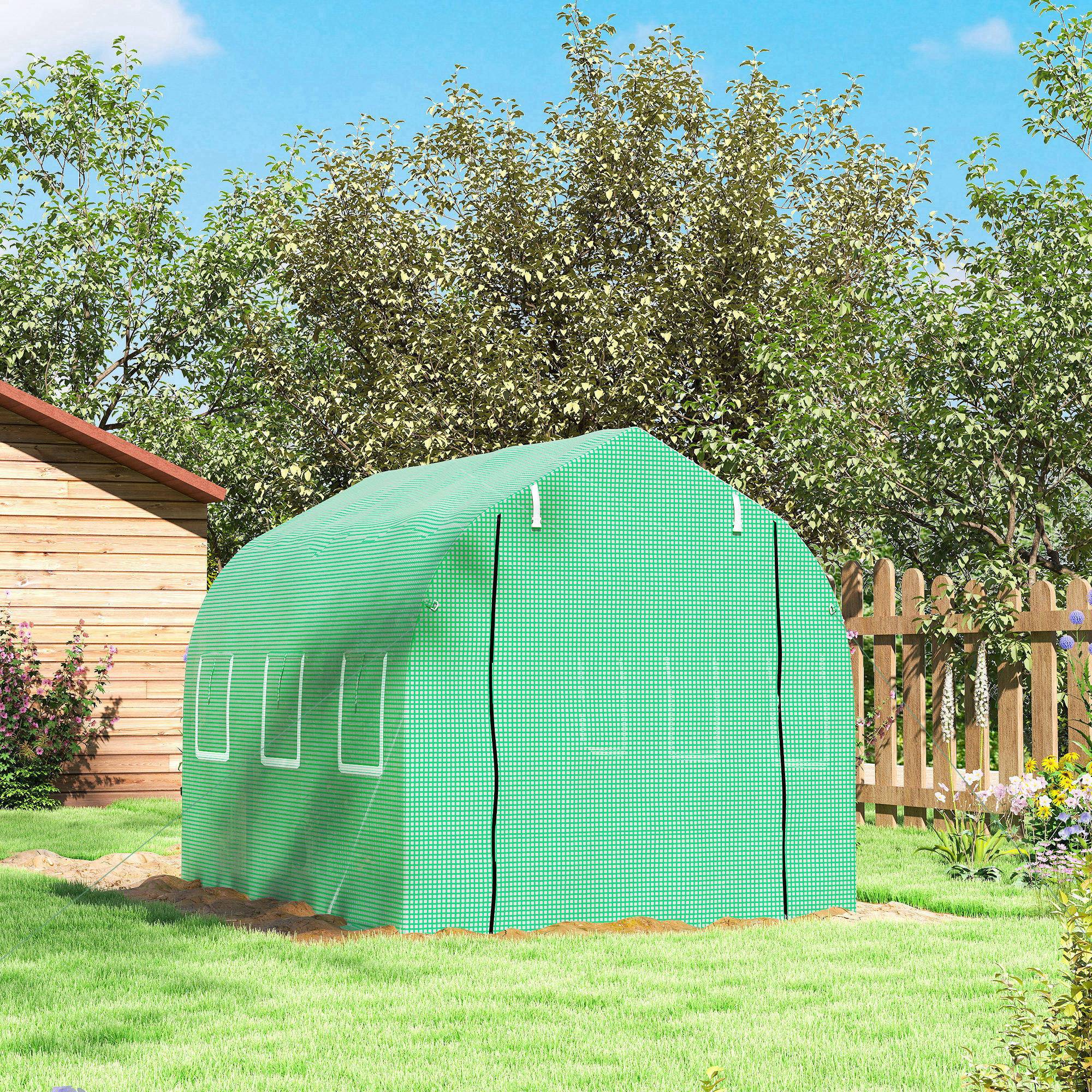 Serre de jardin tunnel serres tunnel 6 m² avec 6 fenêtres porte à fermeture éclair toile PE structure fer galvanisé vert - Image 10