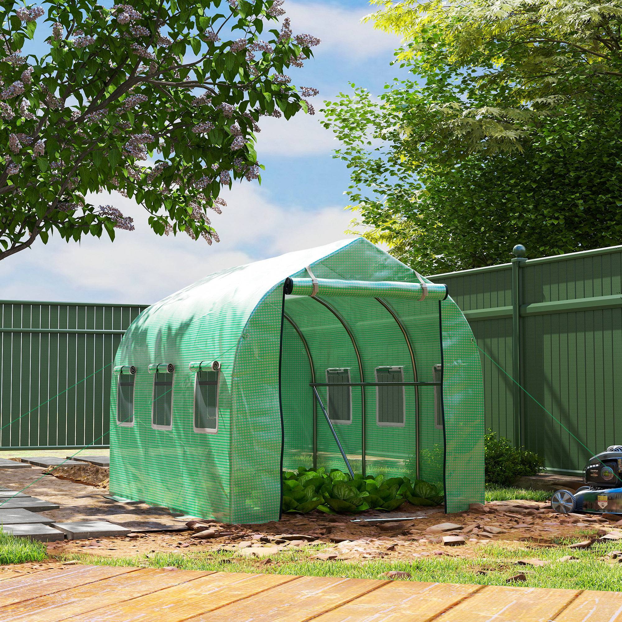 Serre de jardin tunnel serres tunnel 6 m² avec 6 fenêtres porte à fermeture éclair toile PE structure fer galvanisé vert - Image 4