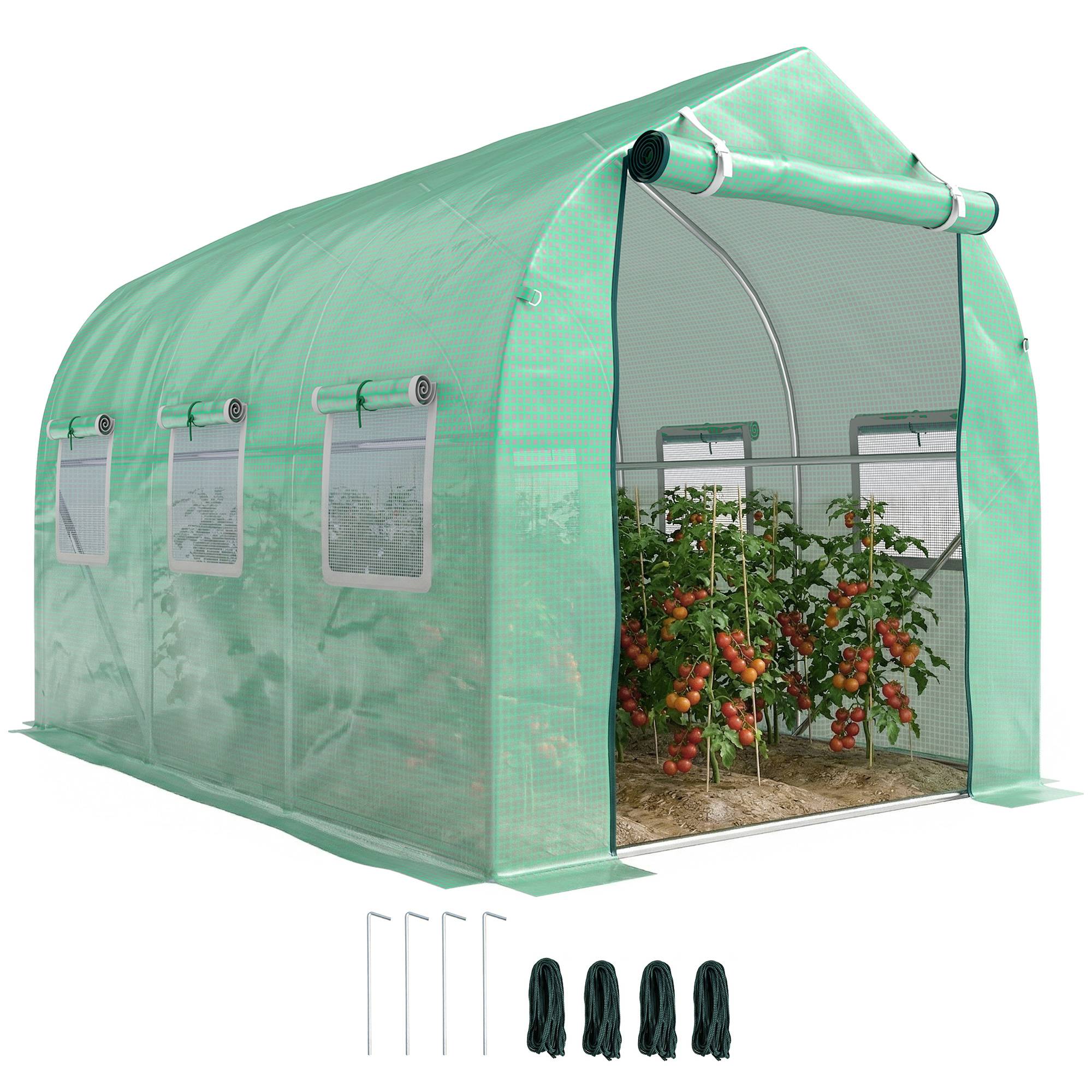 Serre de jardin tunnel serres tunnel 6 m² avec 6 fenêtres porte à fermeture éclair toile PE structure fer galvanisé vert - Image 1