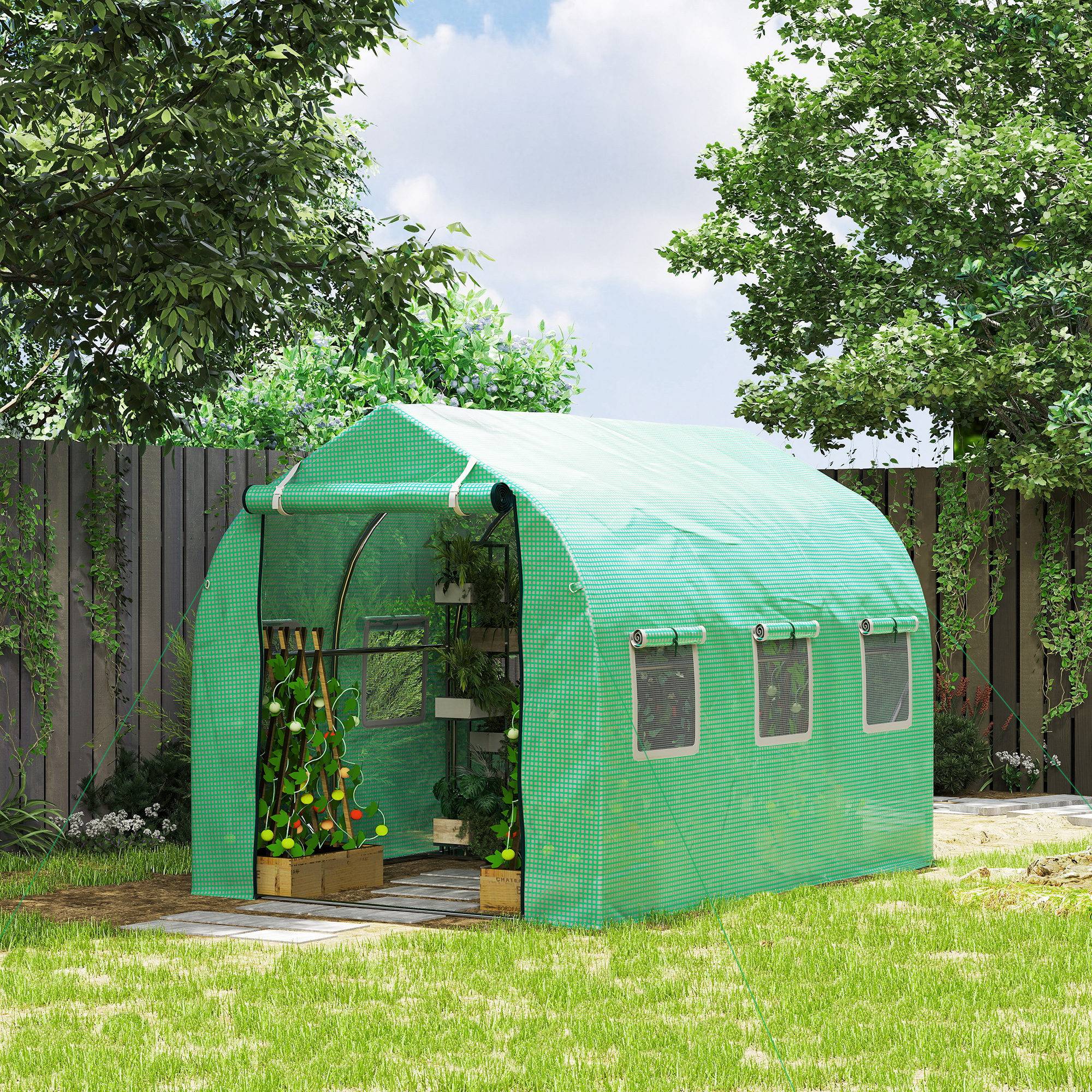 Serre de jardin tunnel serres tunnel 6 m² avec 6 fenêtres porte à fermeture éclair toile PE structure fer galvanisé vert - Image 3