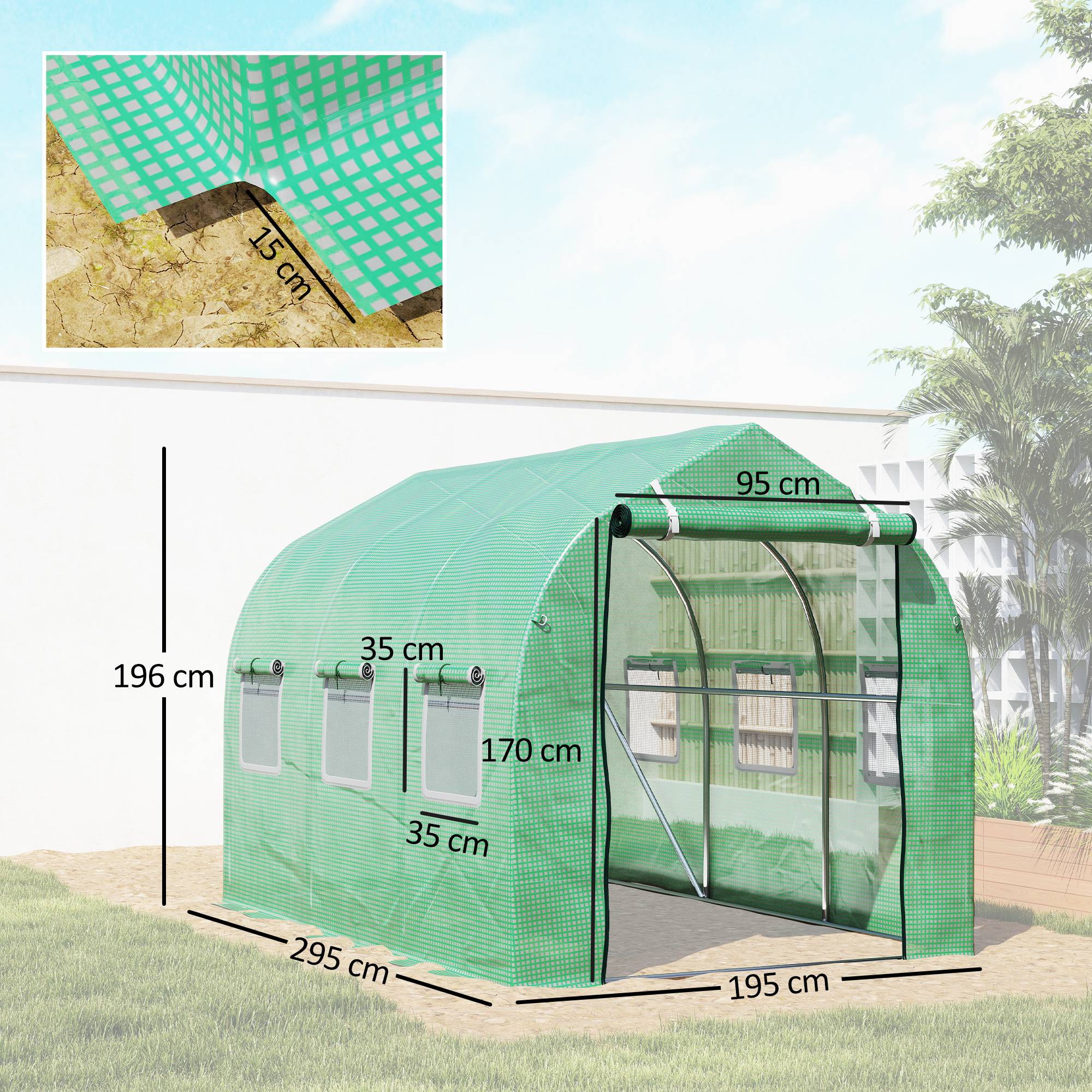 Serre de jardin tunnel serres tunnel 6 m² avec 6 fenêtres porte à fermeture éclair toile PE structure fer galvanisé vert - Image 5