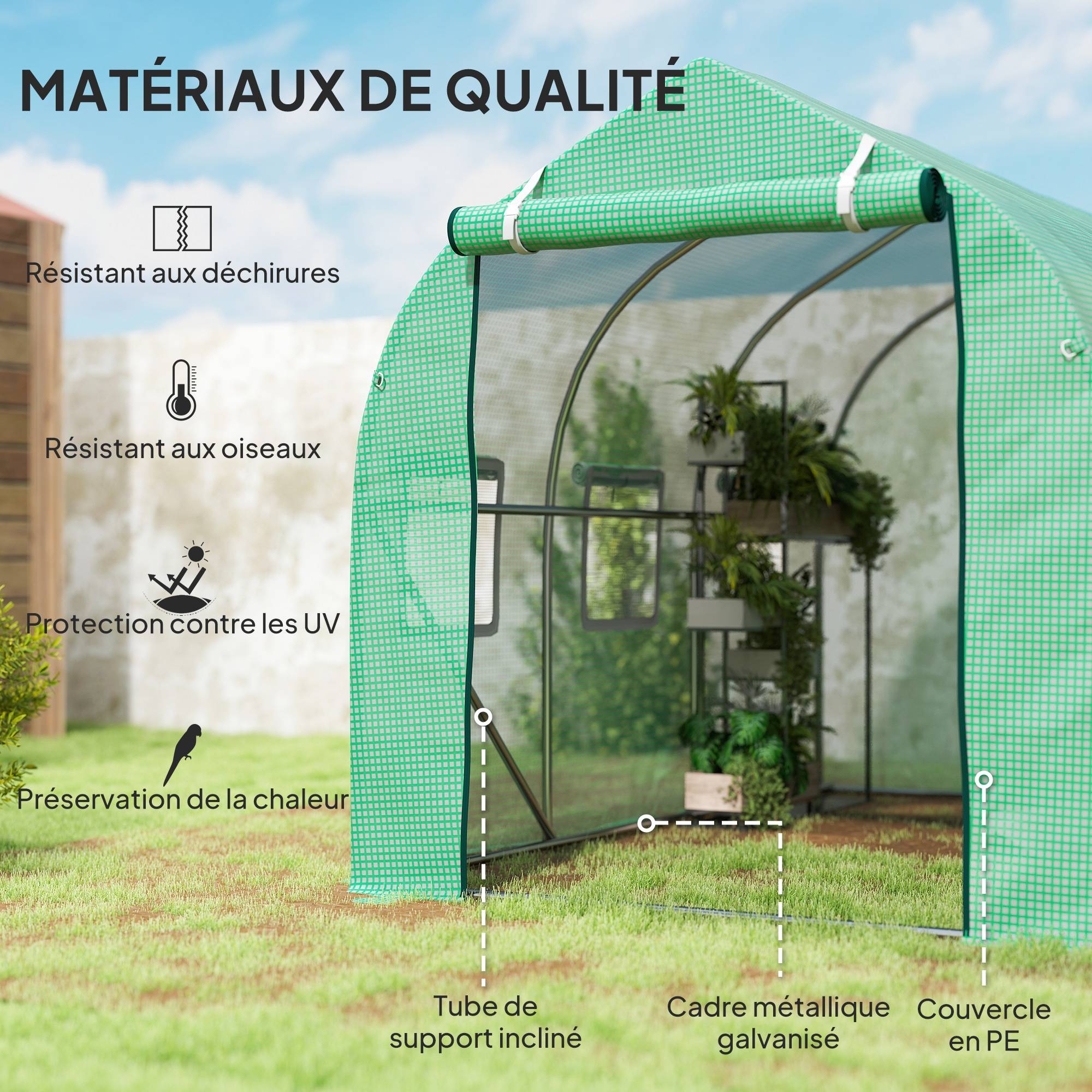 Serre de jardin tunnel serres tunnel 6 m² avec 6 fenêtres porte à fermeture éclair toile PE structure fer galvanisé vert - Image 6
