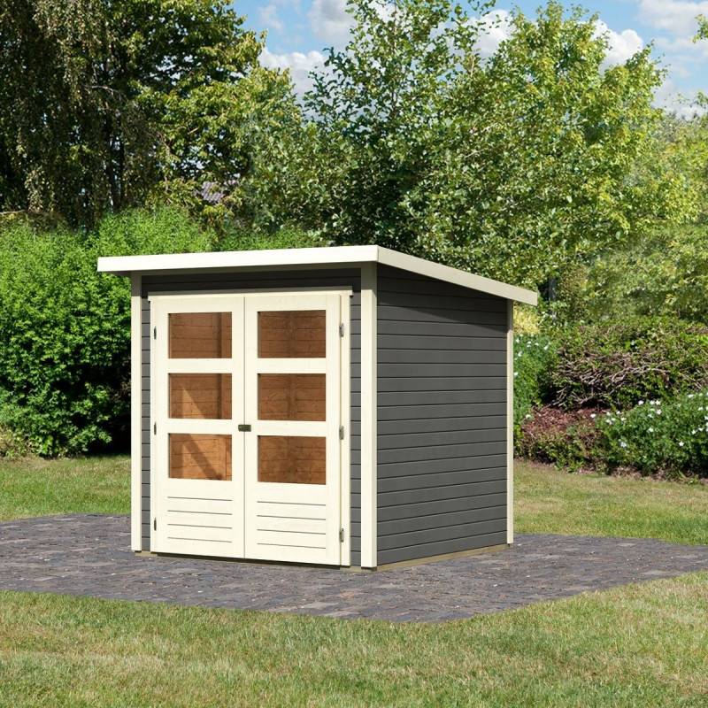 Abri de jardin 3,46m² épicéa nordique gris terre Karibu Stockach 2 avec double porte vitrée