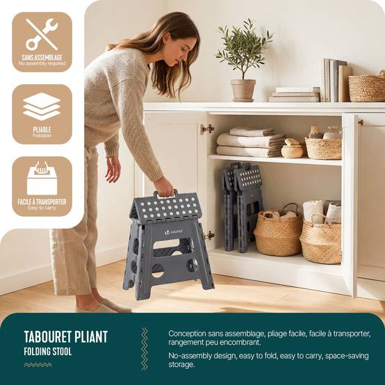 Tabouret pliant portable 37x30x32.5 cm - Marchepied pliable antidérapant avec poignée - Plastique - Gris - VOUNOT® - Image 5