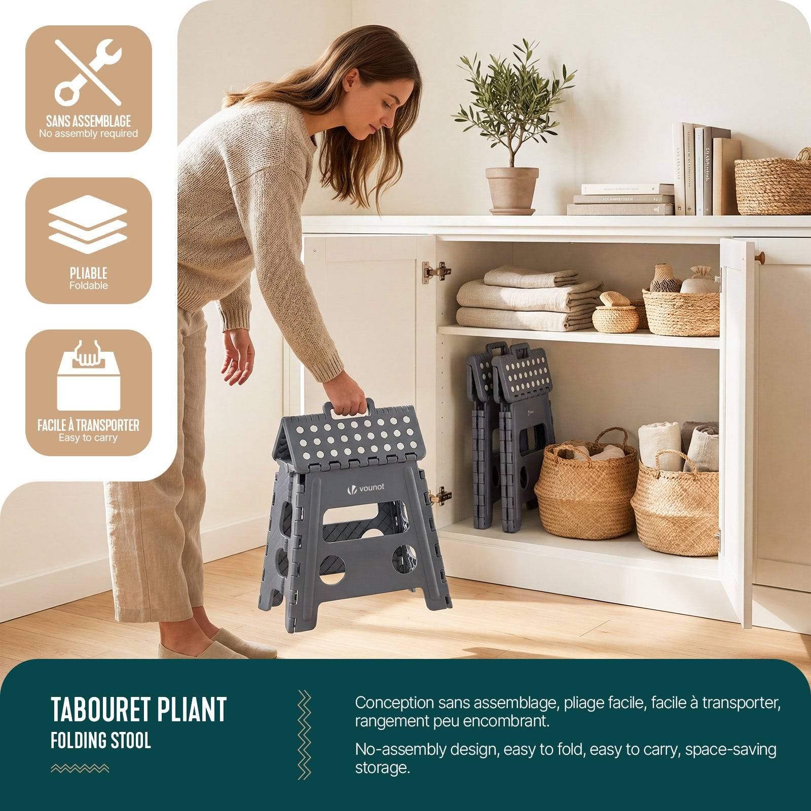 Tabouret pliant portable 37x30x32.5 cm - Marchepied pliable antidérapant avec poignée - Plastique - Gris - VOUNOT® - Image 5