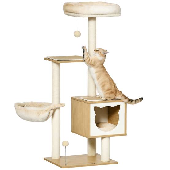 Arbre à Chat Multi-Niveaux Beige 126 cm Tour avec Niche Hamac et Poteaux Sisal - ComfortXL Outdoor Living - Image 1