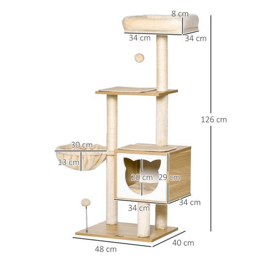 Arbre à Chat Multi-Niveaux Beige 126 cm Tour avec Niche Hamac et Poteaux Sisal - ComfortXL Outdoor Living - Image 5