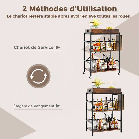 Chariot de Bar à 3 Niveaux, Chariot de Service Industriel, Dessertes Plateau Amovible, roulettes Verrouillables, Poignée Pratique - Image 3