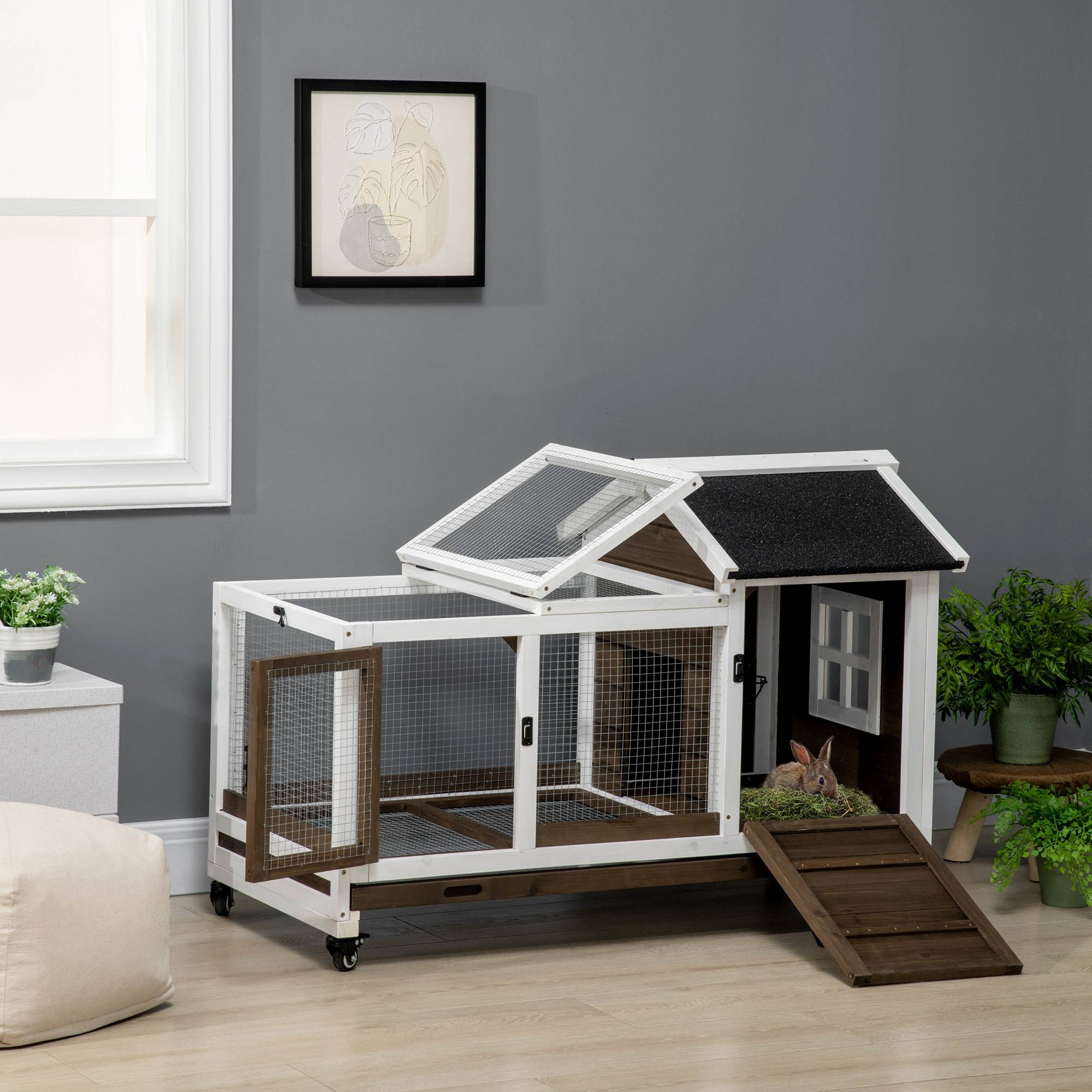 Grand Clapier à Lapin en Bois sur Roulettes pour 1-2 Lapins Toit Ouvrant 108 cm - ComfortXL Outdoor Living - Image 4
