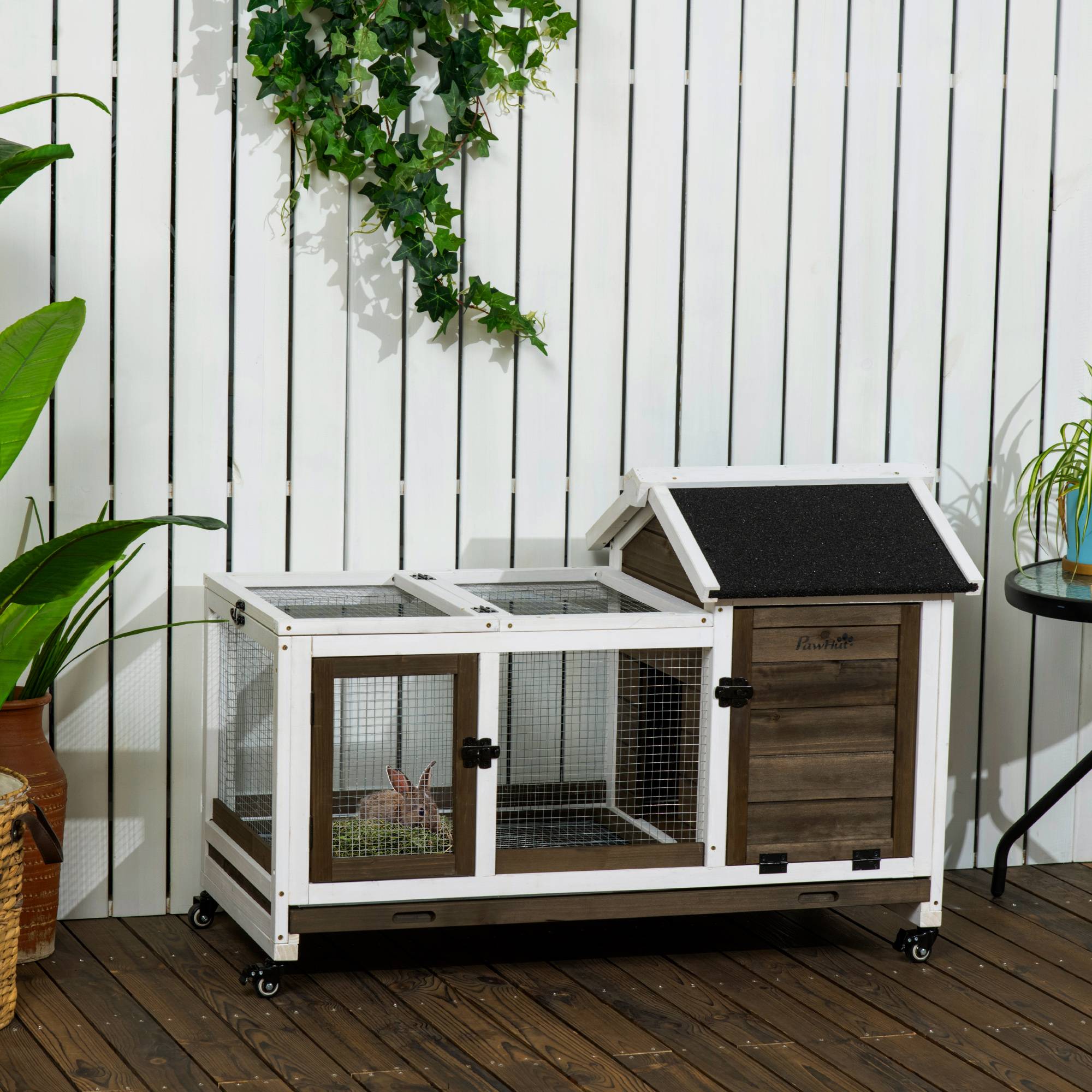 Grand Clapier à Lapin en Bois sur Roulettes pour 1-2 Lapins Toit Ouvrant 108 cm - ComfortXL Outdoor Living - Image 3