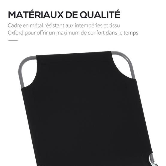 Transat bain de soleil pliable métal terrasse jardin avec dossier réglable noir - ComfortXL Outdoor Living - Image 8