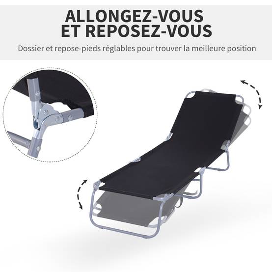 Transat bain de soleil pliable métal terrasse jardin avec dossier réglable noir - ComfortXL Outdoor Living - Image 6